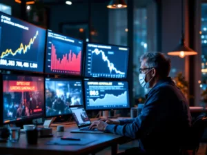 confinement 2025 illustré par un journaliste qui regarde des écrans pleins d'alertes