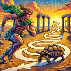 Illustration du paradoxe d'Achille et la tortue qui court sur un chemin en Grèce