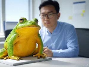 une grenouille sur un bureau illustrant le livre eat that frog