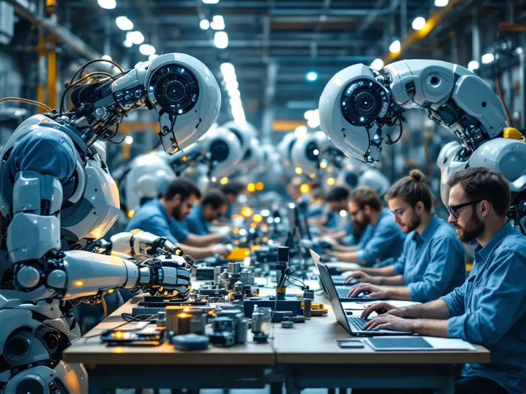 image générée par l'intelligence artificielle montrant des robots dans une usine avec des humains