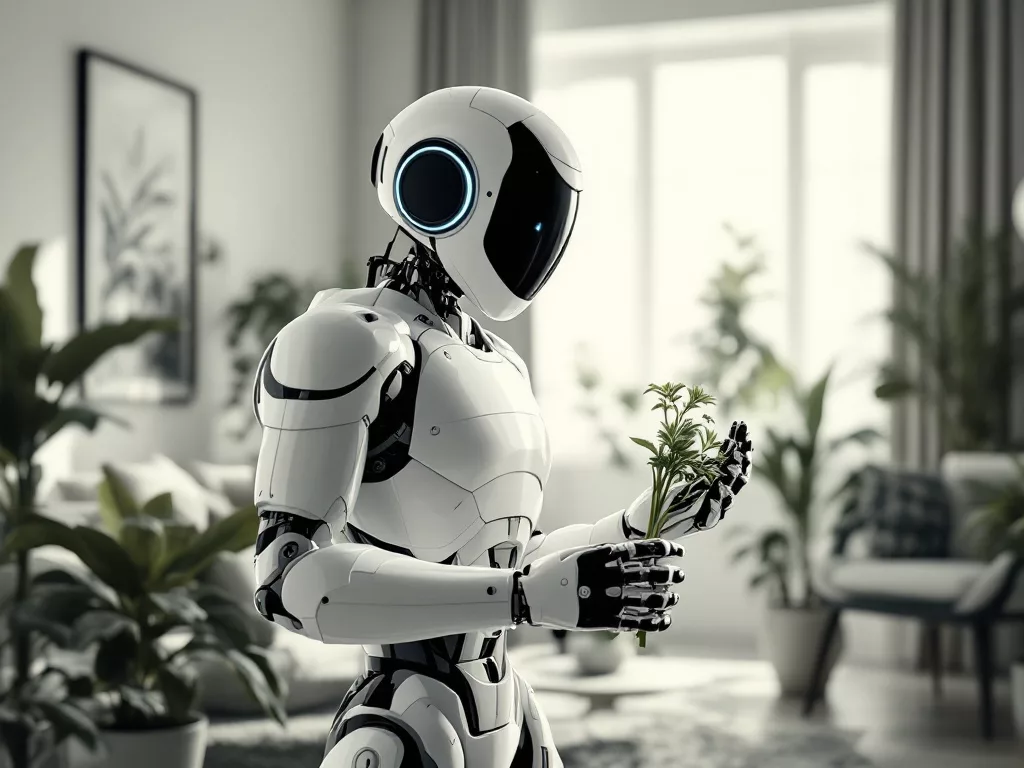 image générée par l'intelligence artificielle montrant un robot dans la un salon avec un bouquet de fleur