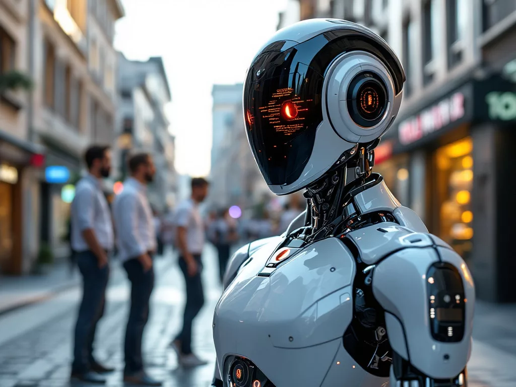 image générée par l'intelligence artificielle montrant un robot dans la rue au regard rouge