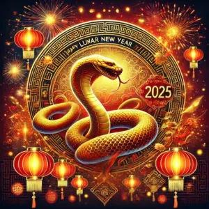 un serpent avec des feux d'artifice à l'arrière plan afin d'illustrer le nouvel an chinois 2025